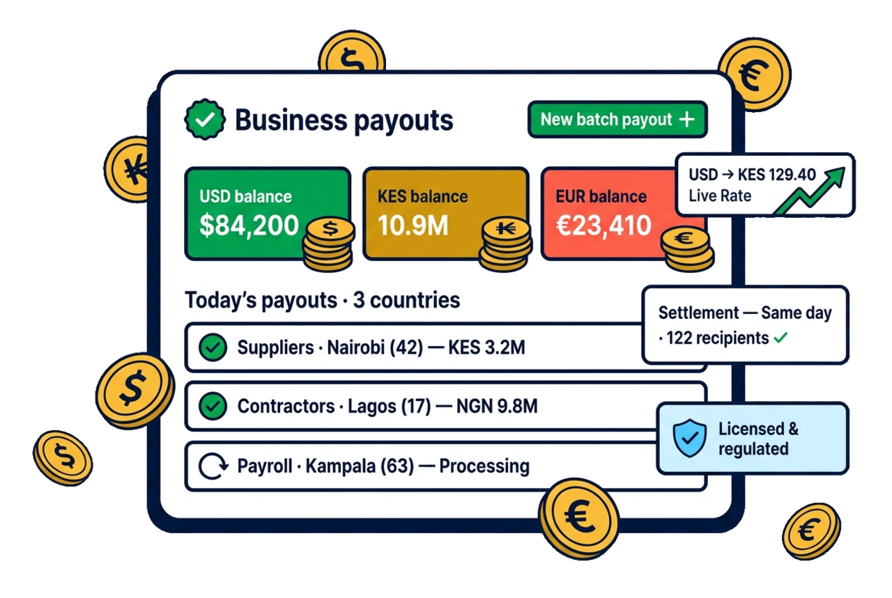 Business payouts dashboard showing multi-currency balances and batch payments to suppliers, contractors and payroll across three countries