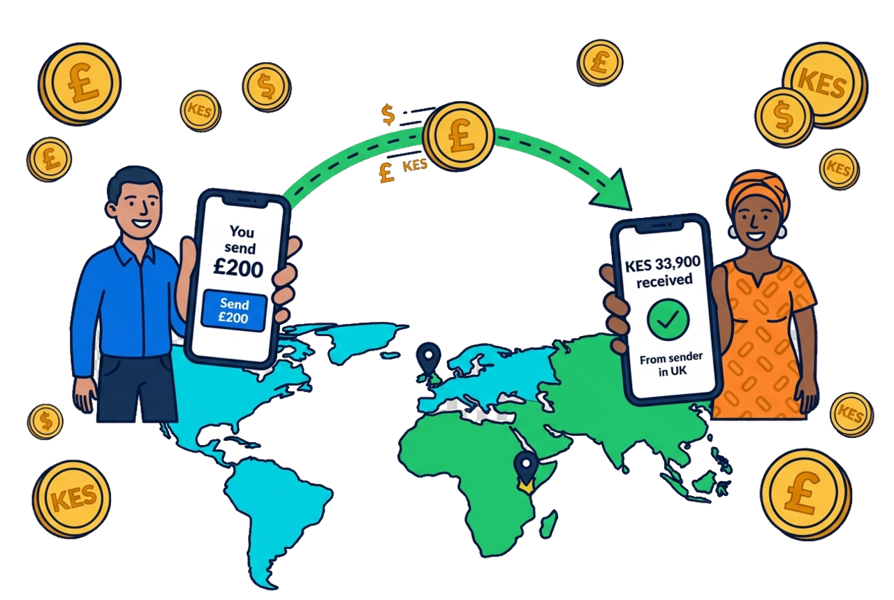 A sender in the UK and a recipient in Kenya on either side of a world map: £200 sent from one phone, KES 33,900 received instantly in a mobile wallet on the other